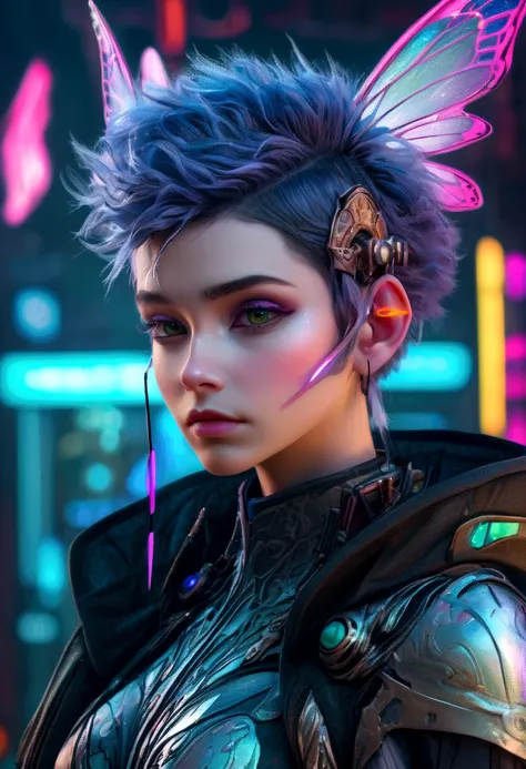 a beautiful androgynous character, fairy tale outfit with cyberpunk elements, hdr, 8k, highres, masterpiece, ultra-detailed, photorealistic, sharp focus, vivid colors, cinematic lighting, intricate details, ethereal atmosphere, futuristic fantasy, striking...