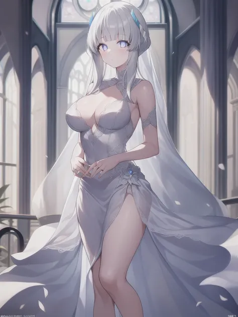 A girl，Long hair, Bangs, White hair, Hair between the eyes, Purple Eyes:（1.5),  (Large Breasts:1.2), 
rest  锁骨, Wedding dress，veil，wedding，White dress，Flowers，Broken skirt，White socks，Tights，White knee socks，
looking at viewer, whole body,
indoors, church，...