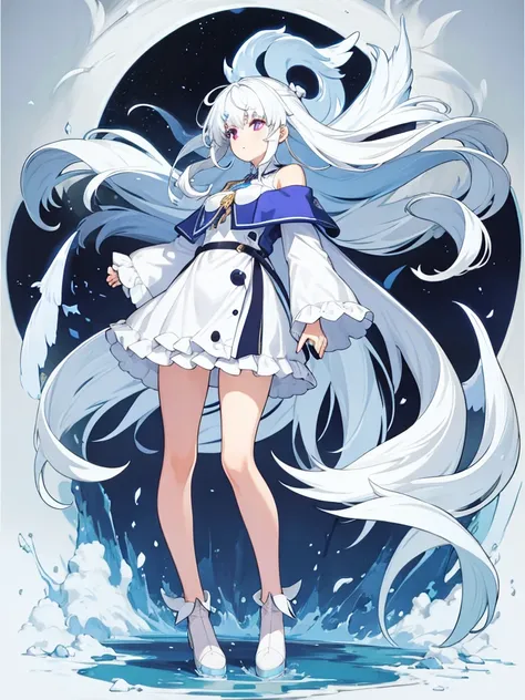 blue ribbon, white hair, long hair, wing hair, white wing, off the shoulder coats, white short dress, full body, concept art, pu...