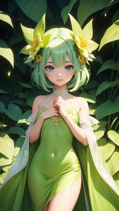 (masterpiece，Highest quality，Highest quality，Beautiful and beautiful:1.2)，Realistic，Full body portrait，A beautiful girl the size of a flower, Flower spirits in human form，Standing at the limit，Face Focus，Beautiful Eyes，Between the leaves，Ultra-realistic，Ch...