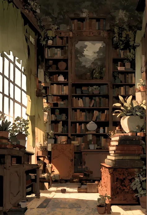 In this enchanting and interactive animated illustration, a gloomy, grandparent-inspired living room comes to life. A bookshelf dominates the scene, filled with an assortment of potted succulent plants, coffee cups, and old, leather-bound books. The centra...