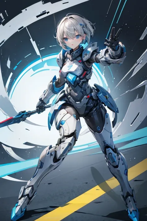 Female Android　Girl　masterpiece　Gray Hair　short　Blue armor　high school girl　Mechanical Combatant　whole body