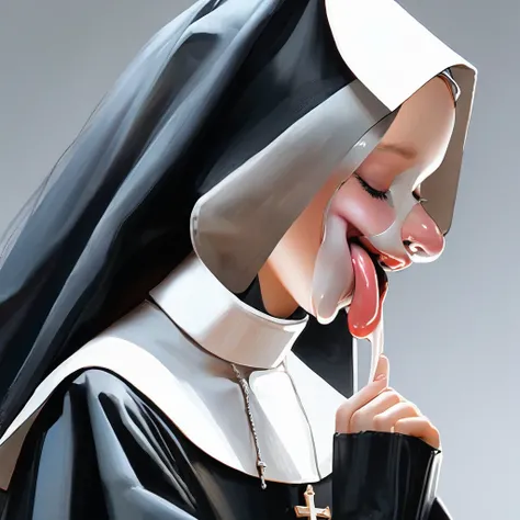 ultra-detailed,(best quality),((masterpiece)),(highres),original,extremely,1girl,solo, Close-up profile of a sexy young nun with her tongue out, her hands covering the face