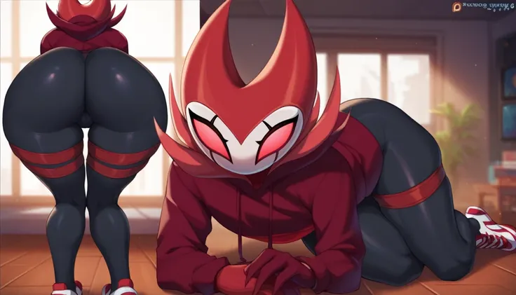 score_9, score_8_up, score_7_up, score_6_up, zPDXL2, grimm (hollow knight), vampire, bat, 1boy, solo, cute face, detailed eyes, portrait, thick thighs, anthro, thick ass, pov, tight black sports pants, blue large hoodie, sexy pose, red sports gloves, pov, ...