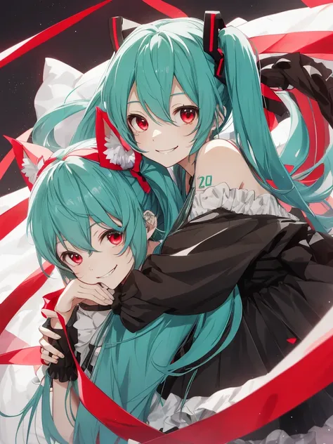 hatsune miku, yandere, cute, cat ears, smiling, red eyes