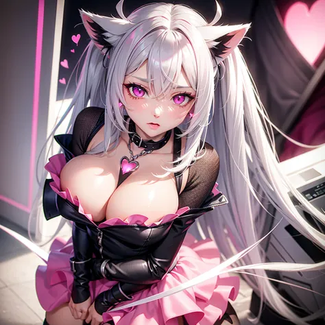 Silver hair, pink eyes, hot pink dress, cat ears, sexy girl, earrings, heart background fantasy, sexy