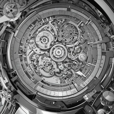 Monochrome illustration with emphasized shadows、The internal structure of the android resembles a retro analog clock with its intricately intertwined gears.、Precise depiction、Machine close up