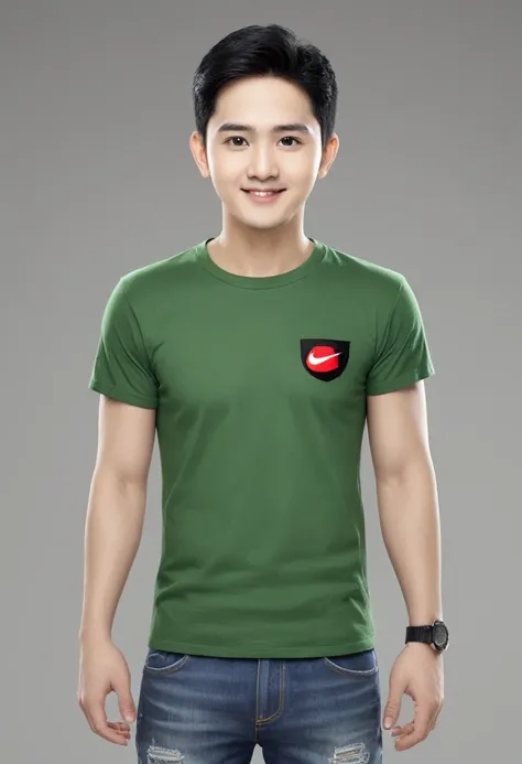 Create a realistic 3D caricature drawing of a full body with a large head. 20 year old male, Indonesian citizen. Random short hair. Oval face shape, firm facial expression, arched eyebrows. Sharp eyes, laughing mouth. Wearing a green t-shirt with thick bla...