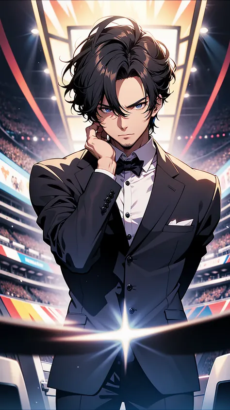 A host，Television， He is nearby, Anime handsome man,  Looking at the audience, high resolution, Super sharp, 8K, masterpiece