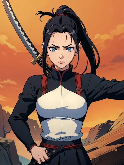 (Masterpiece), (The best quality),20 year old samurai woman with black hair with katana and blue eyes., pony tail, high quality, Hi-Def, black clothing, Ultra quality, Masterpiece, beautiful, perfect body, beautiful, defined eyes