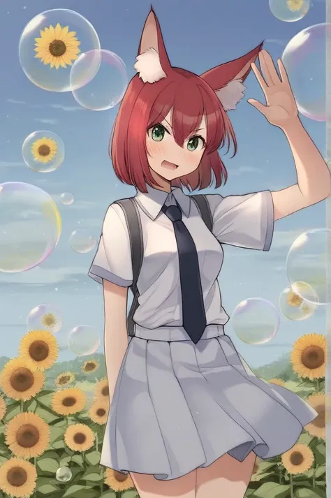 (1girl ,20s,mature female,young),angry face,white shirt,short sleeves,(black standard tie),white school skirt,(red hair),long hair,fox ears, sunflowers, standing alone, flowers, plein-air, manga curta,, blue sky, yellow flowers, blush, (bubble), waving, ...