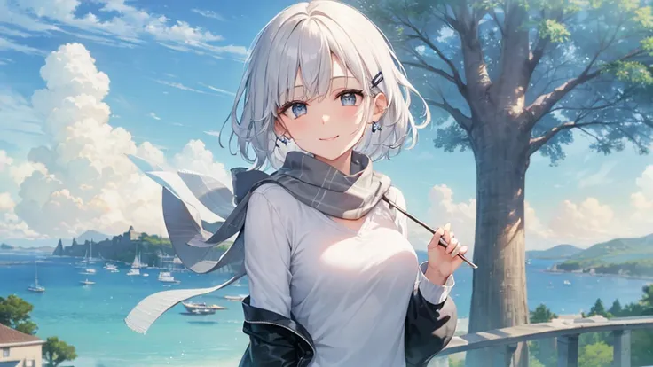 Her eyes were shining、Mysterious and enchanting atmosphere。With AI Painting、とてもShort Hair, Long bangs between the eyes, Very detailed,(masterpiece、Highest quality)、alone、Gray Hair、Fantasy, Silver Hair, Fantasyな風景、White shirt、smile、Open your mouth、Scarf、sho...