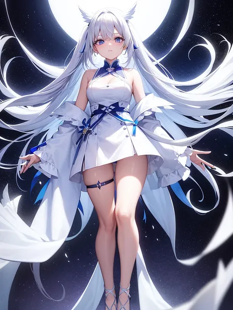 Blue Ribbon, white hair, long hair, wing hair, White wing, off the shoulder coats, white Short dress, full body, concept art, purple inner hair, star eye