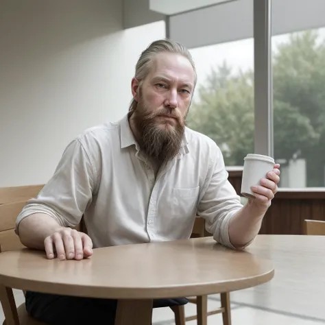 Man with a beard, white skin, in his 40s, robust and sensual, sitting in front of a table drinking coffee and looking serious, reflecting on something serious