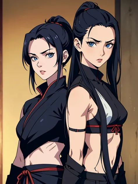 (Masterpiece), (The best quality),20 year old samurai woman with black hair with katana and blue eyes., pony tail, high quality, Hi-Def, black clothing, Ultra quality, Masterpiece, beautiful, perfect body, beautiful, defined eyes