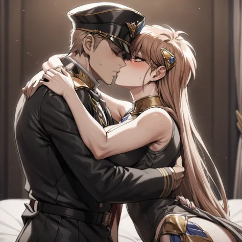 ((Highest quality)), ((masterpiece)), (detailed), （Perfect Face）、The woman is Princess Leona, with medium-long light brown hair, and is wearing a sexy black military uniform and military cap for women. In a luxurious room, she is embraced by a strong, dign...