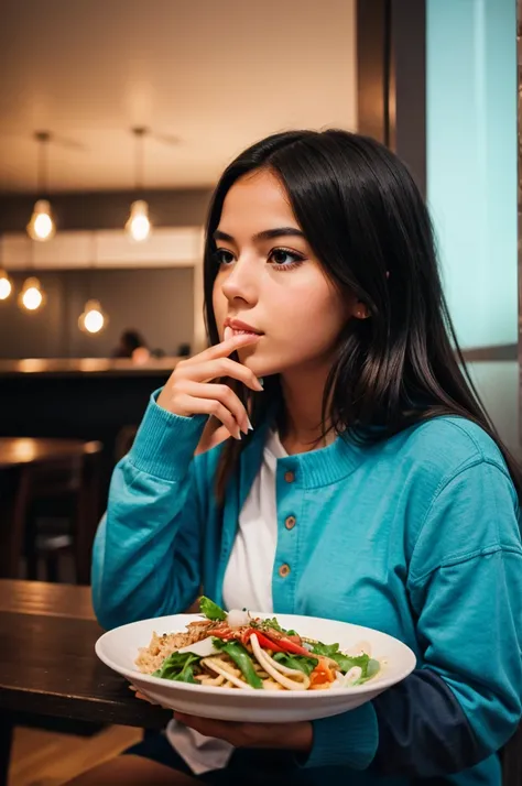 Create a Aesthetic Photo of a girl eating dinner