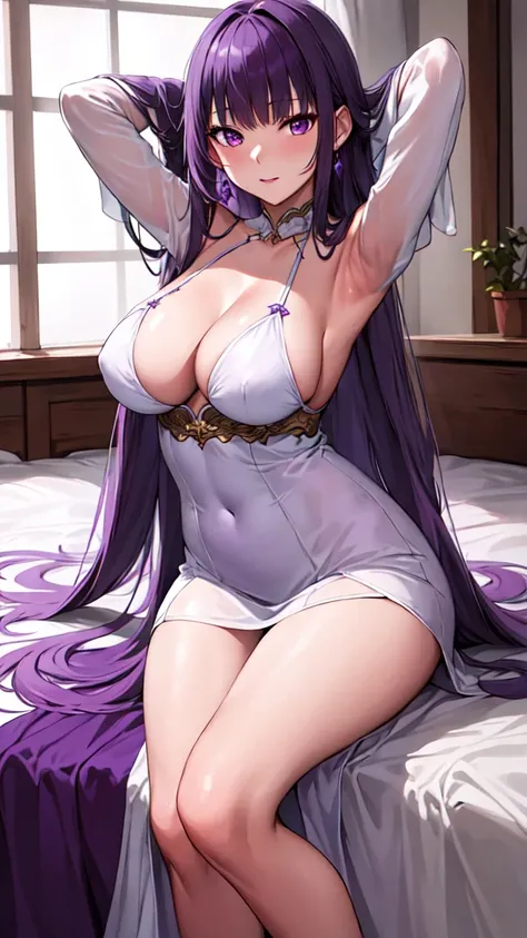 masterpiece, Highest quality, High resolution, Arfern, Long Hair, Purple Hair, Blunt bangs, Purple eyes, Large Breasts, Long dress, White Dress, Long sleeve, Sitting,arms behind head, Bedroom, Cowboy Shot,