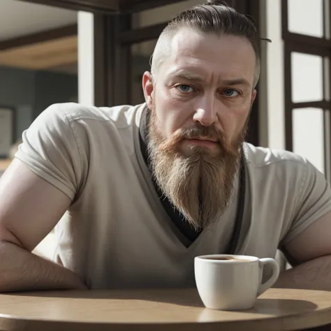 Man with a beard, white skin, in his 40s, robust and sensual, sitting in front of a table drinking coffee and looking serious, reflecting on something serious