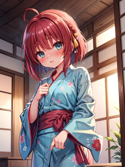 yukata,sweaty,steam_from_body,blush,bronde_hair,short_hair,red_hair_band,cute_face,1_girl,beautiful,good_anatomy,best_quality,light_blue_eyes,tatami room