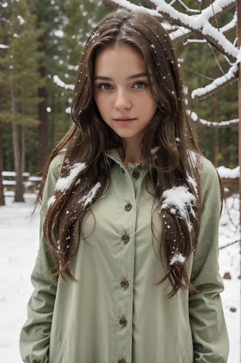 a girl with long, wavy brown hair and green eyes and snow-white skin 