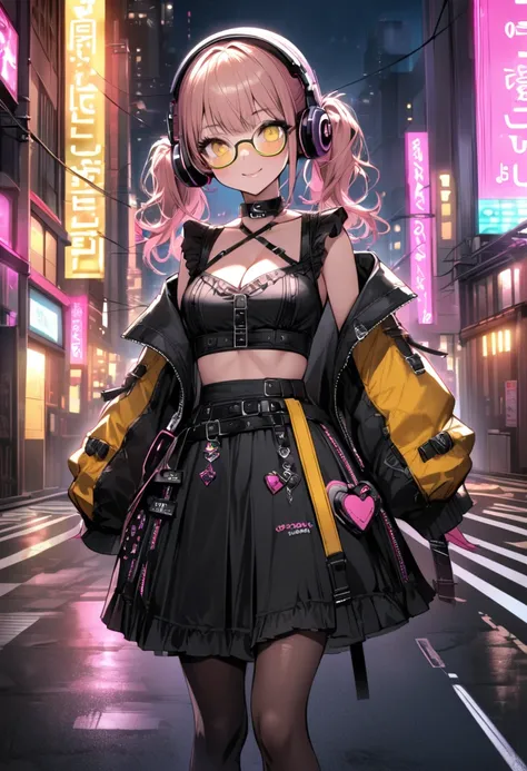 extremely detailed fine touch, 2D, girl, solo, very short black twintails hair, (((yellow underrim glasses:1.3))), (headphones:1.2), blush, smile, standing on the road, perfect anatomy, in the urban area, tokyo (city), at night, neon lights on the backgrou...