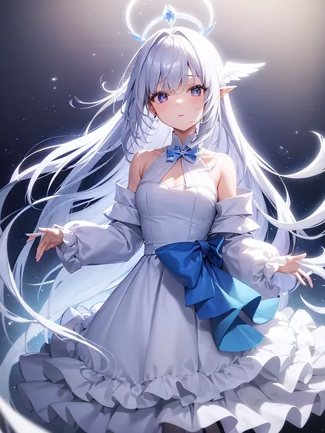 Blue Ribbon, white hair, long hair, wing hair, White wing, off the shoulder coats, Short dress, full body, concept art, purple inner hair, star in eye, halo, 