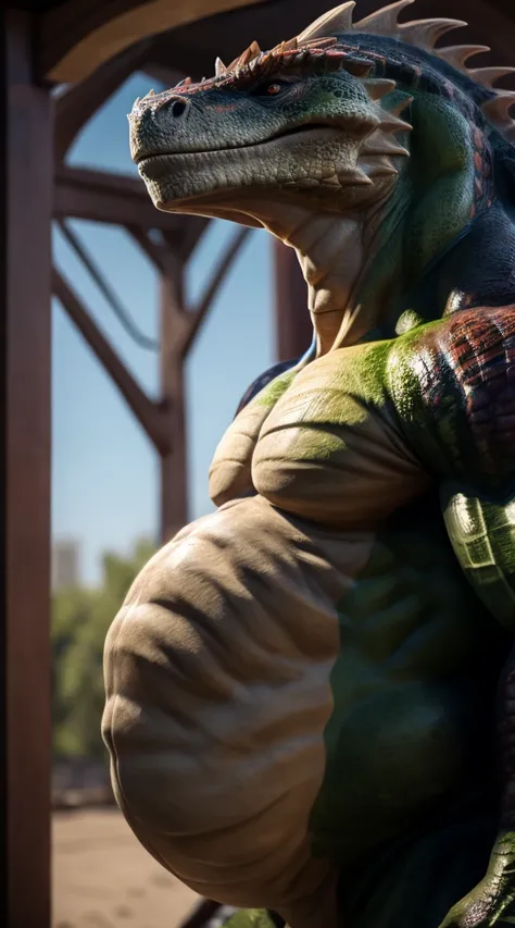 a lizardman,  Ultra detailed strong and fleshy upper body, realistic skin, sharp focus, vivid colors, lines of movement, huge stomach, freshly fed