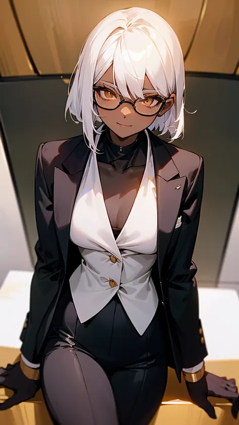 1 Female, adult, dark skinned women, long white short hair, hair over the ears, golden eyes, glasses, black business suit, black tailored jacket, white shirt, black pantsuit, office background, malicious smile, sharp eye, collarbone, sitting,