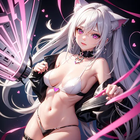 Silver hair, pink eyes, body, cat ears, sexy girl, earrings, heart background fantasy 