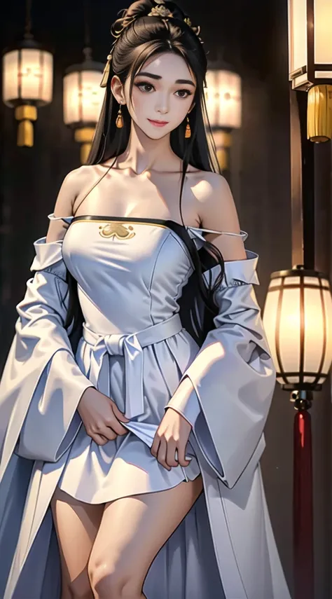 Girl in traditional Chinese clothing, Hanfu ,long black hair, black eyes, black bun hairstyle, hair accessories ,white diamond earrings, Bangle Diameter, Dia Necklace, Clear eyes, Facing forward,put on makeup, Long eyelashes
,(Long shoulder coat:1.5), (lon...