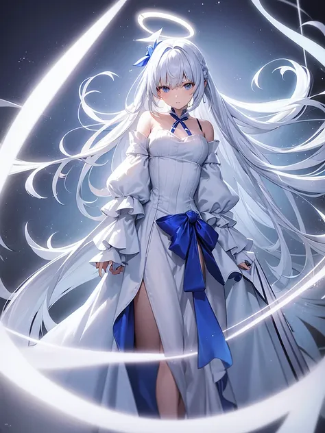 Blue Ribbon, white hair, long hair, wing hair, White wing, off the shoulder coats, Short dress, full body, concept art, halo