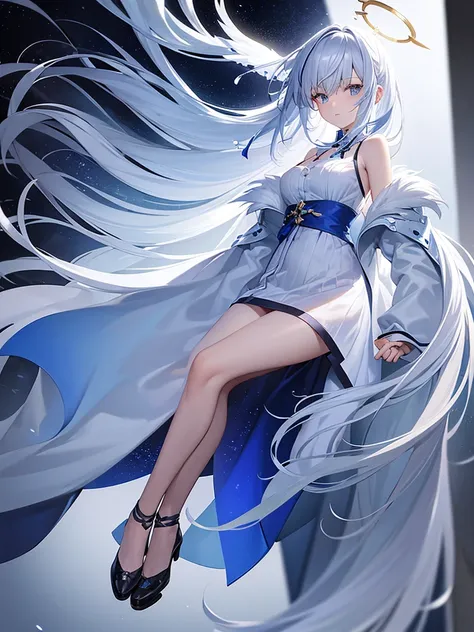 Blue Ribbon, white hair, long hair, wing hair, White wing, off the shoulder coats, Short dress, full body, concept art, halo