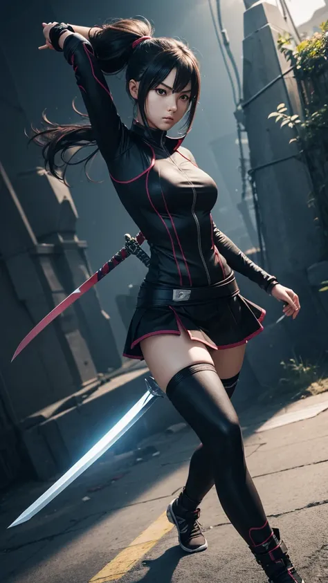 1 teenage realistic 3D girl wears tight ninja outfit with skirt, half body length view, action pose, sword on hands, highly detailed, 4K quality, 8K resolution 