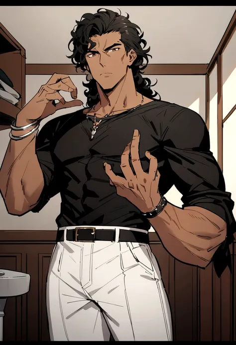 (Highest quality, masterpiece, anime), Age 25, Black curly hair, Brown eyes, South Indies, Mature man in a black shirt, White pants, strong and tall, Black watch on the right hand, A silver bracelet on his left hand kills one person with a tap on the head,...