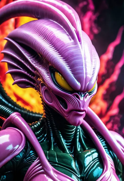 (((Extreme close-up Xenomorph Majin Buu hybrid surreal and cinematic images Color Splash images)),(((Front Images)))