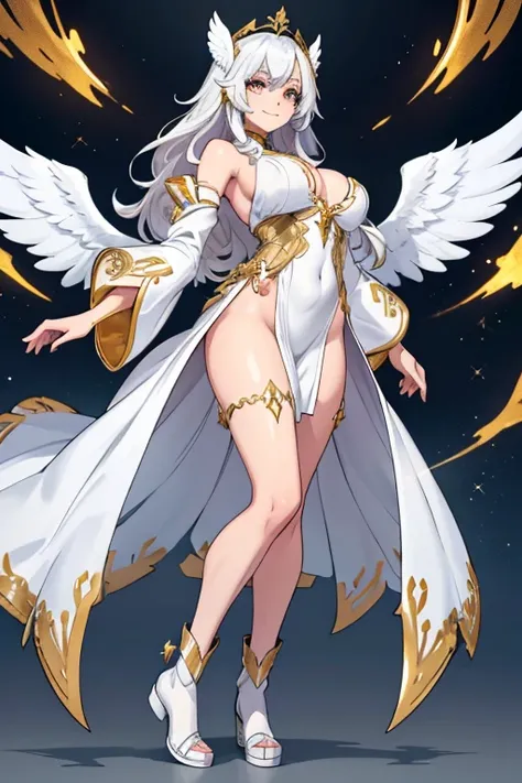 female, gold long hair with silver highlights, gold eyes, pure white metal skin, gold and white angel wings, robotic (((1girl))), (((white metal robes))), (white detached sleeves), cute and sexy, full body, large breasts, large butt, long legs, smiling