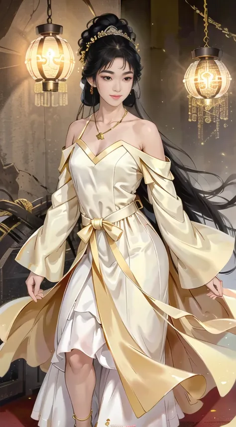 Girl in traditional Chinese clothing, Hanfu ,long black hair, black eyes, black bun hairstyle, hair accessories ,white diamond earrings, Bangle Diameter, Dia Necklace, Clear eyes, Facing forward,put on makeup, Long eyelashes ,(Long shoulder coat:1.5), (lon...