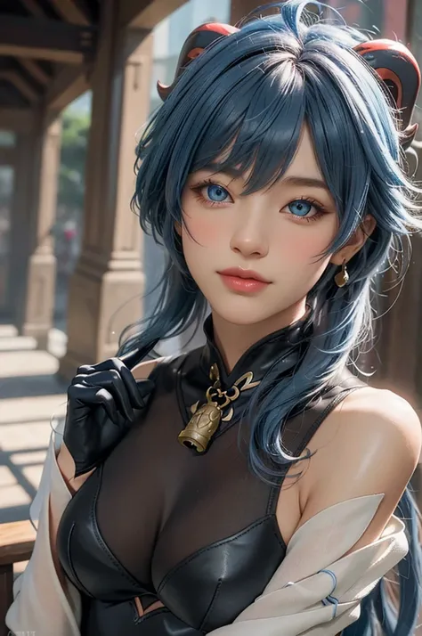 (photorealistic: 1.4), (masterpiece, side lighting, fine details of beautiful eyes: 1.2), masterpiece*portrait, realistic, 3d face, 
  ganyu (genshin impact), 1girl, ahoge, architecture, bangs, bun, bell, black gloves, black pantyhose, (blue hair), blush, ...