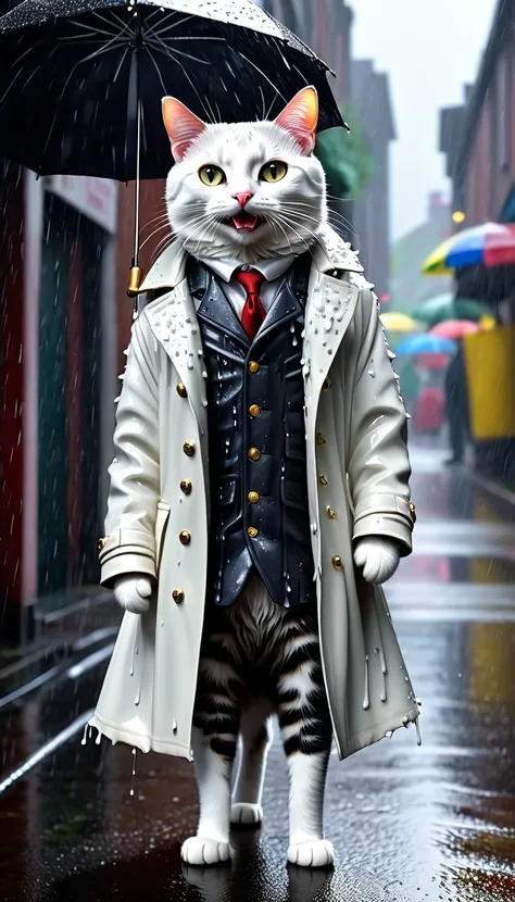 photorealistic portrait of dressed animals - a ((Skinny)) ((cat)) ((white)) high quality,(fake smile),(dirty),intricate details, (the heavy rain wets him), Very detailed ((very torn coat)), soft lighting,(full body image:1.5),rainy street background,(seen ...