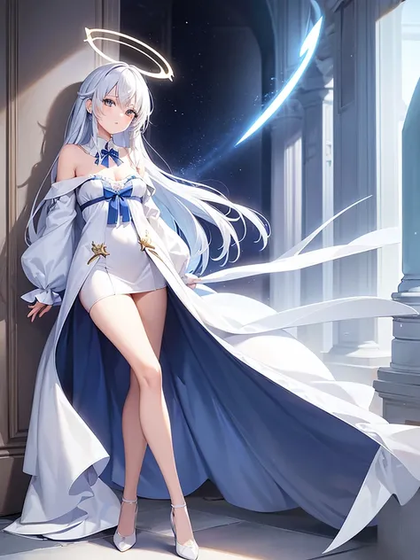 Blue Ribbon, white hair, long hair, wing hair, White wing, off the shoulder coats, Short dress, full body, concept art, halo, small breast