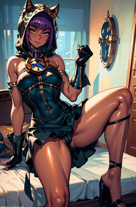 Masterpiece, best quality, absurdres, 1girl, beautiful legs, menat_holiday,  light smile, dark skin, Green eyes, egyptian, bob cut, red dress, (black hood), black gloves,(shiny thighs),, , bare shoulders,sexy thighs,(((beautiful leg))),((solo)),panty shot,...