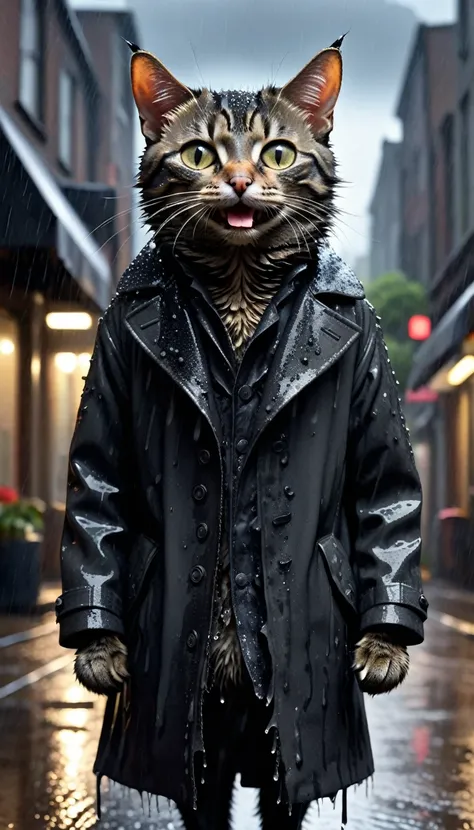 photorealistic portrait of dressed animals - a ((Skinny)) ((cat)) ((black)) high quality,(fake smile),(dirty),intricate details, (the heavy rain wets him), Very detailed ((very torn coat)), soft lighting,(full body image:1.5),rainy street background,(seen ...