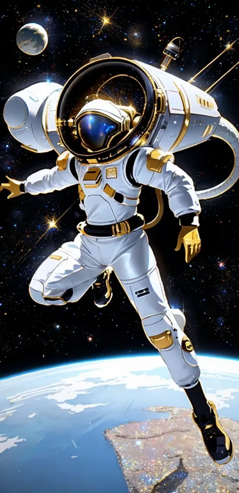 Dragon retro space suit with gold scales, black, white and gold, stars in the space suit, full body, floating in space