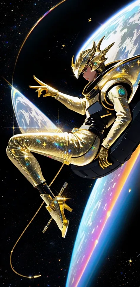 Dragon retro space suit with gold scales, black, white and gold, stars in the space suit, full body, floating in space