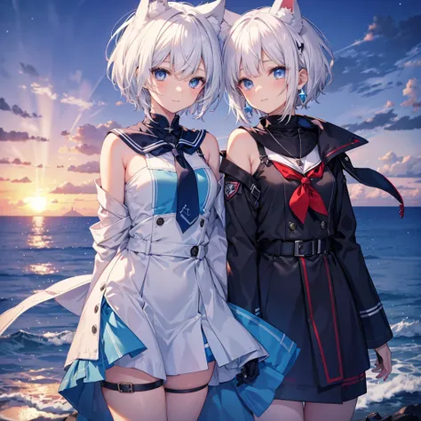 White Hair　blue eyes　short hair　Have　student　Cat ear　nice　Blue Earrings　necklace　gloves　beauty　thin　Sailor suit　Put on a black coat　Fantasy　smile　coastal　sunset　Fluffy hair