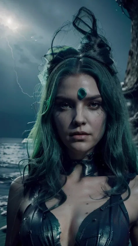 a photo of a sea witch, Long green hair, evil, villain, she is coming to you, up close, dark ocean,( underwater:1.1), lightning strike, glare eyes, wearing a dress made of seaweed, Tentacles, octopus, (up close:1.3)