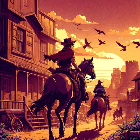 cowboys riding horses in a city with birds flying, cyberpunk wild west, oldwest, inspired western comic, western town, western b...