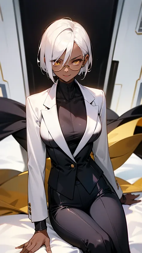 1 Female, adult, dark skinned women, long white short hair, hair over the ears, golden eyes, glasses, black business suit, black tailored jacket, white shirt, black pantsuit, off jacket, malicious smile, sharp eye, (collarbone), sitting,