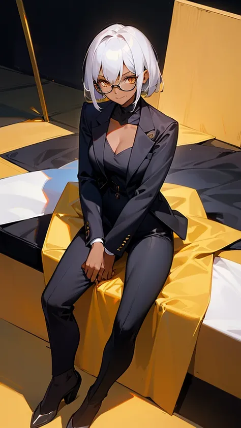 1 Female, adult, dark skinned women, long white short hair, hair over the ears, golden eyes, glasses, black business suit, black tailored jacket, white shirt, black pantsuit, off jacket, malicious smile, sharp eye, (collarbone), sitting,